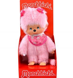Мягкая игрушка  Девочка с розовой шерсткой в слюнявчике сакура 20 см Monchhichi
