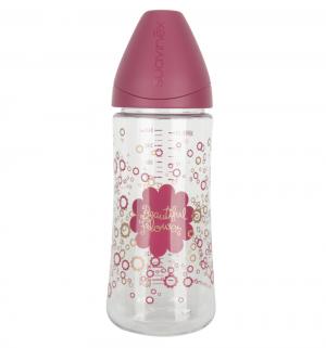 Бутылочка  Haute Couture с силиконовой круглой соской полипропилен рождения, 360 мл, цвет: розовый/цветы Suavinex