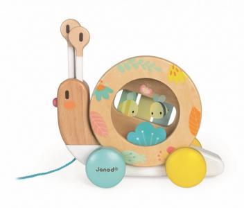 Каталка-игрушка  на веревочке Улитка с ксилофоном и барабаном Janod
